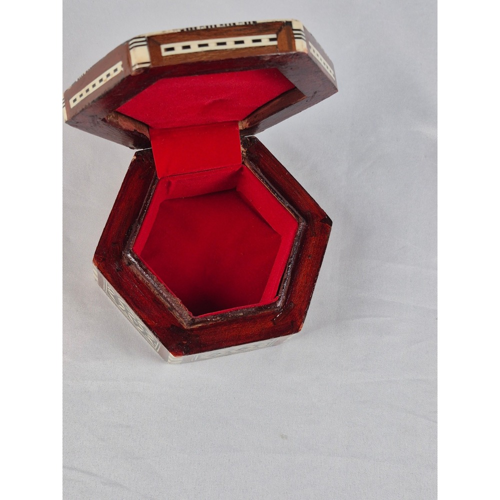 Jerusalem Holy Land Olive Wood Mother of Pearl Inlay Hexagon Trinket Jewelry Box - Picture 9 of 9
